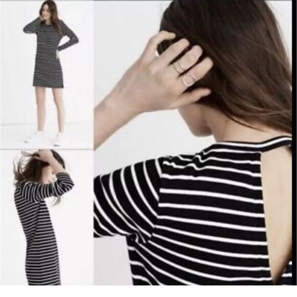 New Madewell Black Striped Keyhole Long Sleeve Mini Quality Dress - size M - Picture 1 of 5